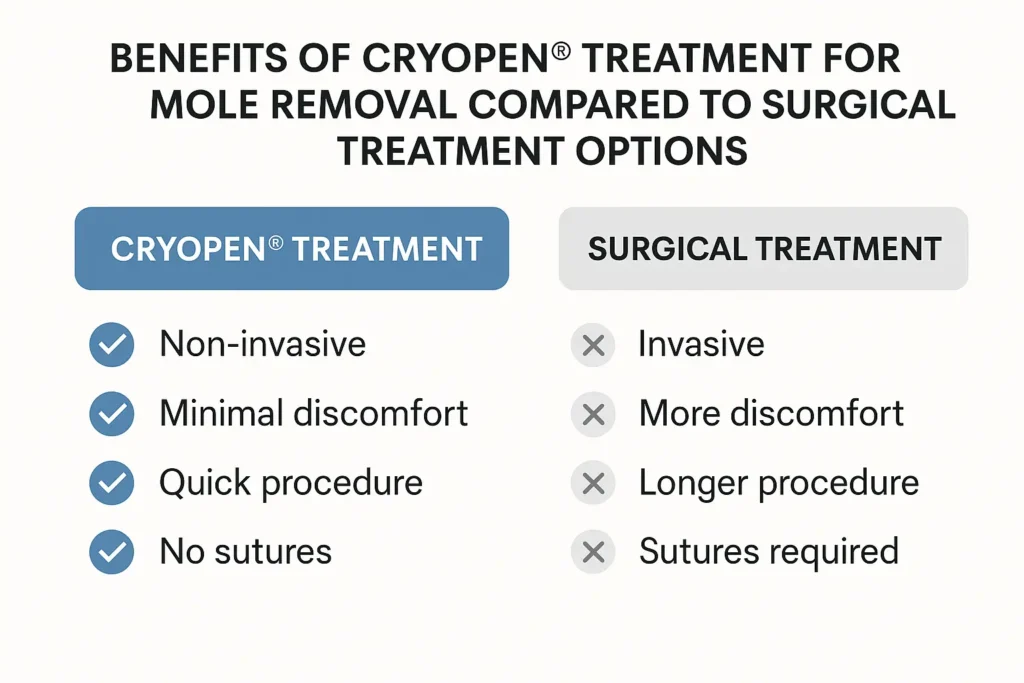 Table to show the benefits of getting moles removed Dorchester from LA LIPO