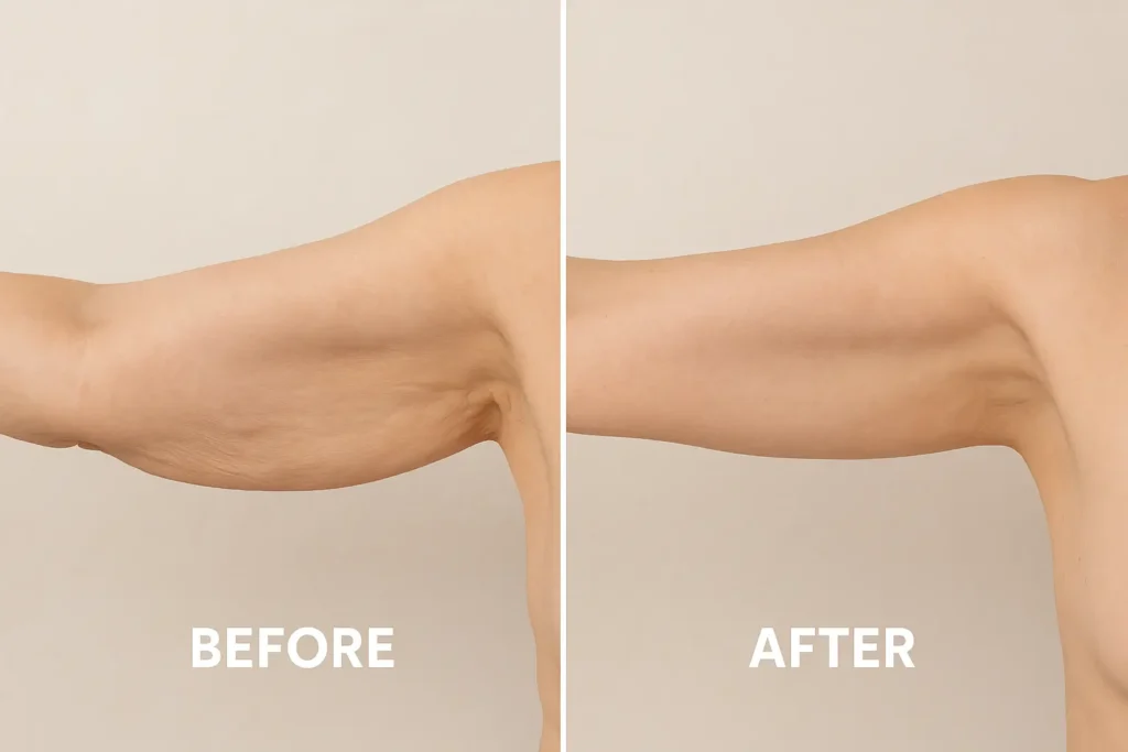 Picture of LA LIPO Dorchester before and after results of skin tightening treatment on the upper arms.