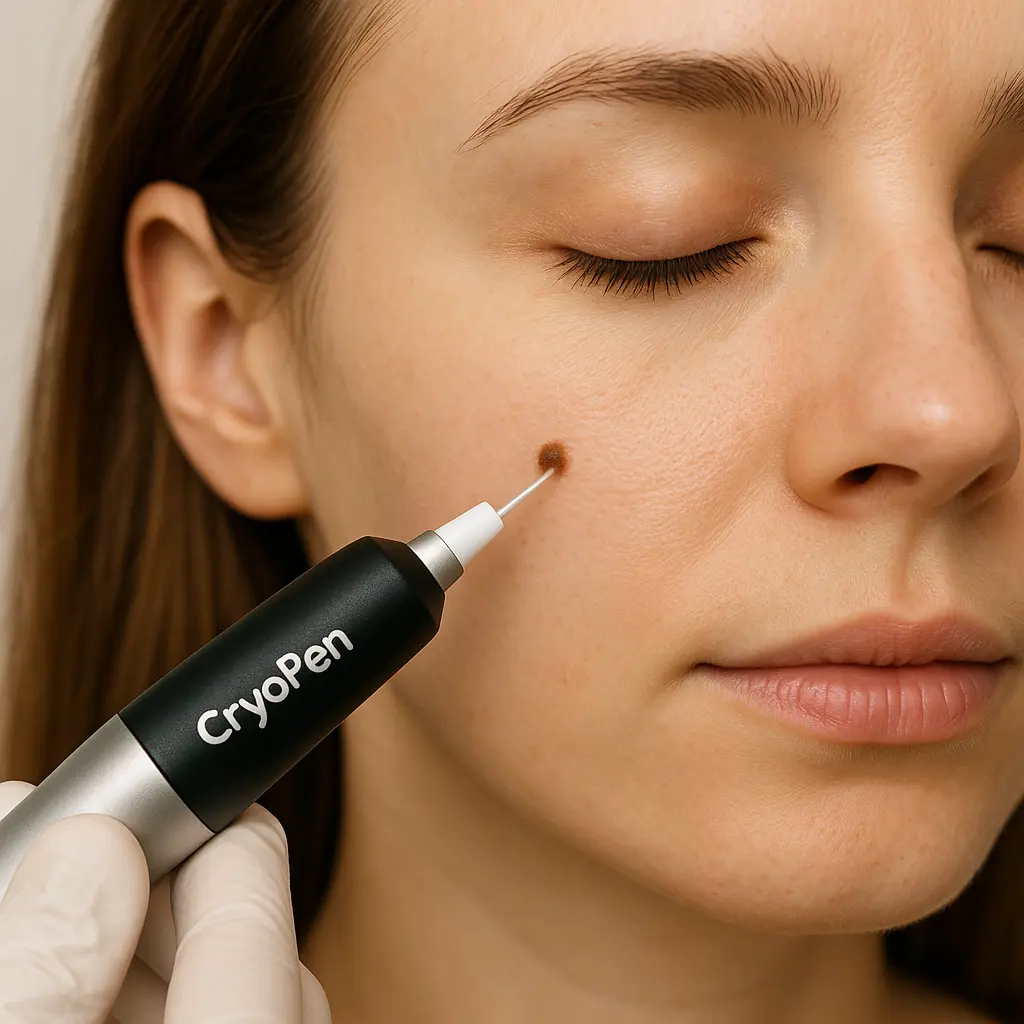 woman receiving facial mole removal Dorchester using cryopen