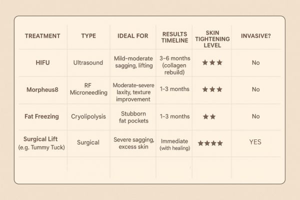 Table showing the comparisons of Skin tightening Dorchester treatment options.